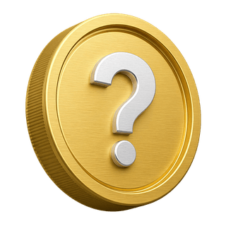 Pièce en or 3D ornementale portant un point d'interrogation, sur la page FAQ